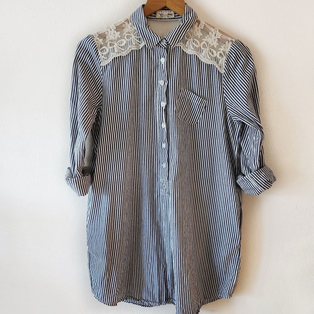 Anthropologie Lili's Closet Blue White Striped Tunic with Lace Back Detail XS